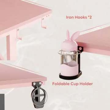 Bestier Small Gaming Desk with Monitor Stand, 42 inch LED Computer Desk, Gamer Workstation with Cup Holder & Headset Hooks, Modern Simple Style Desk for Home Office, Carbon Fiber Pink