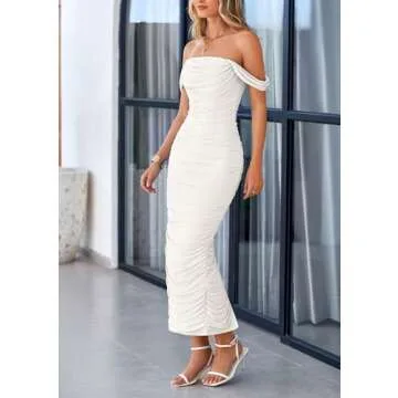 PRETTYGARDEN Summer Off Shoulder Ruched Maxi Dress - White