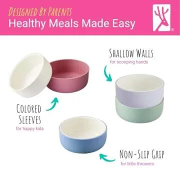 Elk and Friends Kids Porcelain Bowls with Silicone Sleeve | Kids/Toddler/Baby Feeding | Microwave & Dishwasher Safe | Non slip | Cereal/Soup/Snack Dishes & Dinnerware
