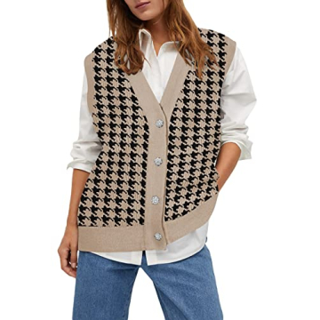 Viottiset Women's Oversized Houndstooth Sweater Vest - Fashionable Knitted Cardigan in Khaki