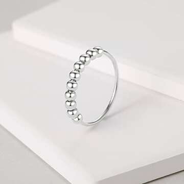 Jacruces 925 Sterling Silver Rings Anxiety Ring for Women Men Fidget Rings for Anxiety Women Gold Ring Anxiety Ring with Beads Spinner Ring for Anxiety Spinning Ring Fidget Jewelry thumb rings size 10