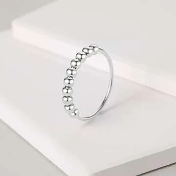 Jacruces 925 Sterling Silver Rings Anxiety Ring for Women Men Fidget Rings for Anxiety Women Gold Ring Anxiety Ring with Beads Spinner Ring for Anxiety Spinning Ring Fidget Jewelry thumb rings size 10