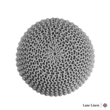 LANE LINEN Hand Knitted Cable Style Dori Pouf - Silver Grey, Floor Ottoman - 100% Cotton Braid Cord - Handmade & Hand Stitched - Truly one of a Kind Seating - 20 Diameter x 14 Height