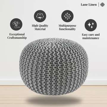 LANE LINEN Hand Knitted Cable Style Dori Pouf - Silver Grey, Floor Ottoman - 100% Cotton Braid Cord - Handmade & Hand Stitched - Truly one of a Kind Seating - 20 Diameter x 14 Height