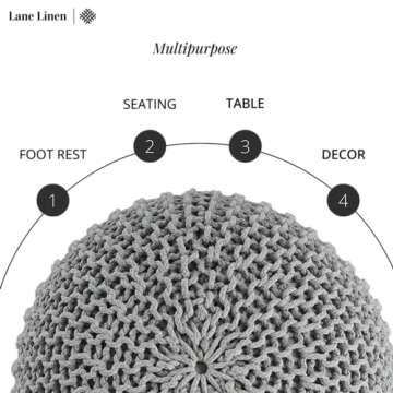 LANE LINEN Hand Knitted Cable Style Dori Pouf - Silver Grey, Floor Ottoman - 100% Cotton Braid Cord - Handmade & Hand Stitched - Truly one of a Kind Seating - 20 Diameter x 14 Height