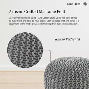 LANE LINEN Hand Knitted Cable Style Dori Pouf - Silver Grey, Floor Ottoman - 100% Cotton Braid Cord - Handmade & Hand Stitched - Truly one of a Kind Seating - 20 Diameter x 14 Height