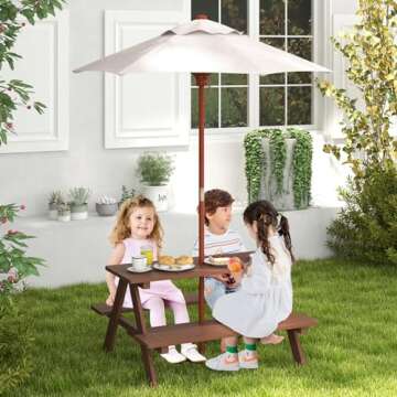 Olakids Kids Picnic Table, Outdoor Toddler Wooden Table and Chair Set with Removable Umbrella, Child...