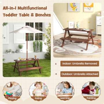 Olakids Kids Picnic Table, Outdoor Toddler Wooden Table and Chair Set with Removable Umbrella, Children Activity Furniture Bench Set for Patio Garden Backyard