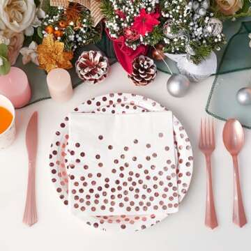 White and Rose Gold Party Supplies - 175 Disposable Dinnerware Set Rose Gold Dot on White Paper Plat...