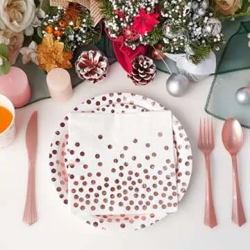 White and Rose Gold Party Supplies - 175 Disposable Dinnerware Set Rose Gold Dot on White Paper Plat...