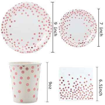 White and Rose Gold Party Supplies - 175 Disposable Dinnerware Set Rose Gold Dot on White Paper Plates and Napkins Cups Silverware Serves 25 Sets for Wedding Bridal Shower Engagement Birthday Parties
