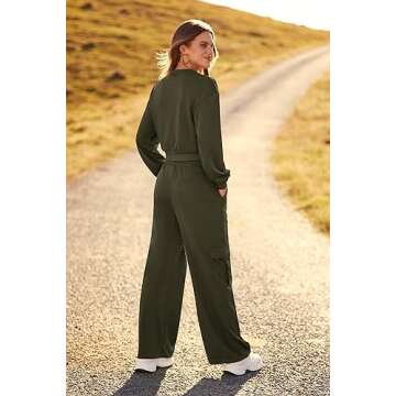 PRETTYGARDEN Womens Fall 2 Piece Outfits Sweatsuits Sets Long Sleeve Crop Tops Sweatshirt Wide Leg Cargo Pants with Pockets (Army Green,Medium)