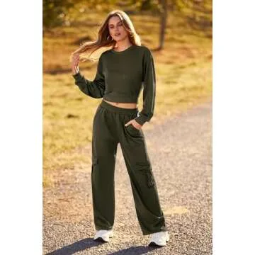 PRETTYGARDEN Womens Fall 2 Piece Outfits Sweatsuits Sets Long Sleeve Crop Tops Sweatshirt Wide Leg Cargo Pants with Pockets (Army Green,Medium)