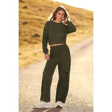 PRETTYGARDEN Womens Fall 2 Piece Outfits Sweatsuits Sets Long Sleeve Crop Tops Sweatshirt Wide Leg Cargo Pants with Pockets (Army Green,Medium)