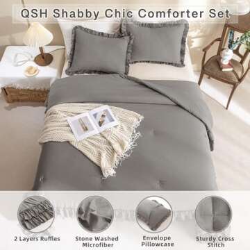 QSH Shabby Grey Ruffled Chic Comforter Queen Size, Farmhouse Boho Bedding Comforter Sets, 3 Pieces A...