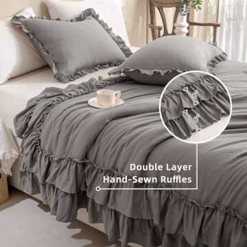 QSH Shabby Grey Ruffled Chic Comforter Queen Size, Farmhouse Boho Bedding Comforter Sets, 3 Pieces All Season Microfiber Inner Fill Bedding, Ultra Soft Lightweight Comforter Queen for Bed