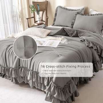 QSH Shabby Grey Ruffled Chic Comforter Queen Size, Farmhouse Boho Bedding Comforter Sets, 3 Pieces All Season Microfiber Inner Fill Bedding, Ultra Soft Lightweight Comforter Queen for Bed
