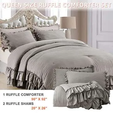 QSH Shabby Grey Ruffled Chic Comforter Queen Size, Farmhouse Boho Bedding Comforter Sets, 3 Pieces All Season Microfiber Inner Fill Bedding, Ultra Soft Lightweight Comforter Queen for Bed