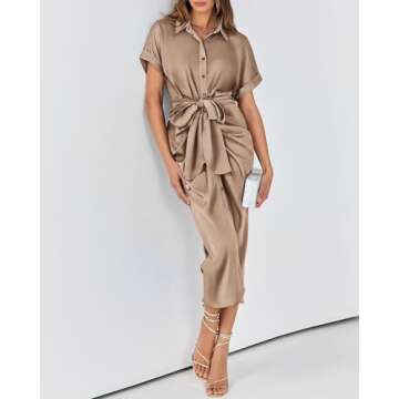 BTFBM 2025 Women Button Down Ruched Shirt Dresses Short Sleeve Lapel V Neck Elegant Party Spring Summer Maxi Satin Dress(Short Sleeve Light Khaki, X-Large)