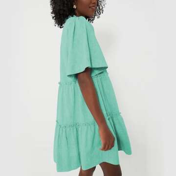 Hixiaohe Womens Summer Dress Short Sleeve Pleated A-line V Neck Tiered Beach Sundresses Casual Flowy Mini Dresses for Women(Green,M), Medium