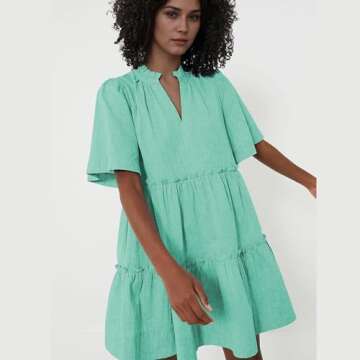 Hixiaohe Womens Summer Dress Short Sleeve Pleated A-line V Neck Tiered Beach Sundresses Casual Flowy Mini Dresses for Women(Green,M), Medium