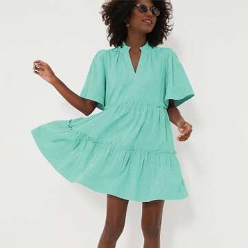 Hixiaohe Womens Summer Dress Short Sleeve Pleated A-line V Neck Tiered Beach Sundresses Casual Flowy Mini Dresses for Women(Green,M), Medium