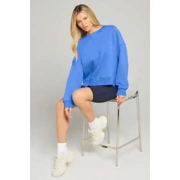 MEROKEETY Women's Oversized Cropped Sweatshirts Crewneck Fleece Workout Pullover Sweater Fall Outfits, Blue, M