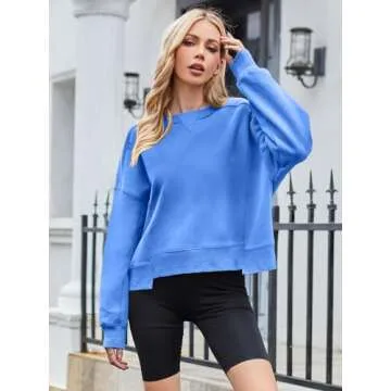 MEROKEETY Women's Oversized Cropped Sweatshirts Crewneck Fleece Workout Pullover Sweater Fall Outfits, Blue, M