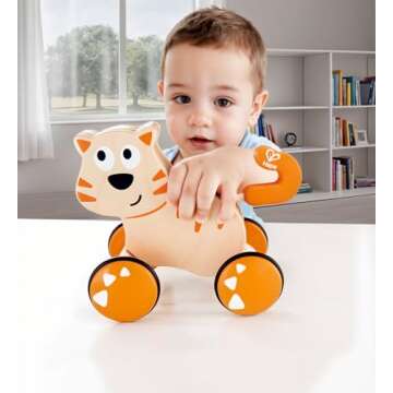 Hape Dante Push and Go | Wooden Push, Release & Go Cat Toddler Toy with Wheels