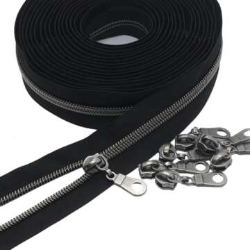 YaHoGa #5 Gunmetal Metallic Nylon Coil Zippers Black Tape 10 Yards with 25 Sliders for DIY Sewing Cr...