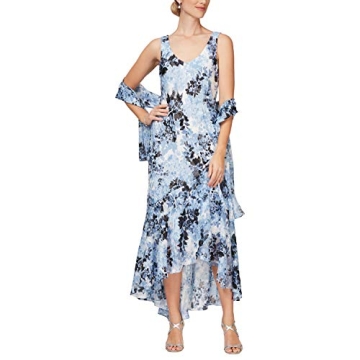 Alex Evenings Women's Sleeveless Printed Chiffon Dress with Shawl, Hydrangea and Black, 14