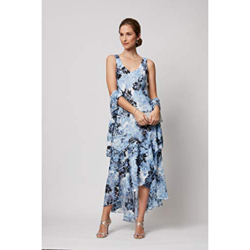 Alex Evenings Women's Sleeveless Printed Chiffon Dress with Shawl, Hydrangea and Black, 14