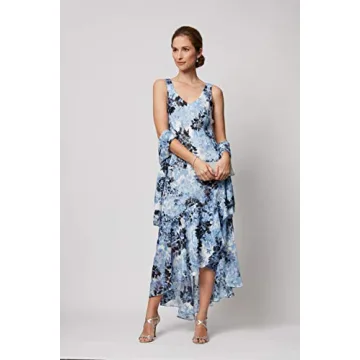 Alex Evenings Women's Sleeveless Printed Chiffon Dress with Shawl, Hydrangea and Black, 14