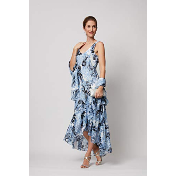 Alex Evenings Women's Sleeveless Printed Chiffon Dress with Shawl, Hydrangea and Black, 14