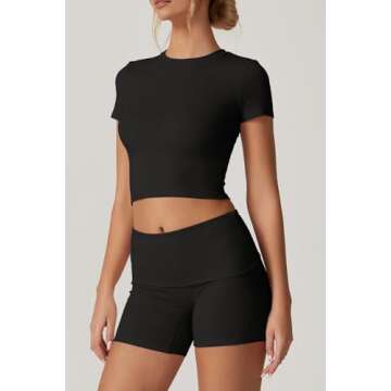 QINSEN Lounge Sets for Women 2 Piece Outfits Cropped Crew Neck Tops Fold Over Shorts Casual Loungewear Black S