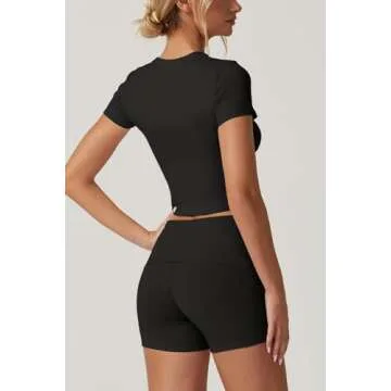 QINSEN Lounge Sets for Women 2 Piece Outfits Cropped Crew Neck Tops Fold Over Shorts Casual Loungewear Black S