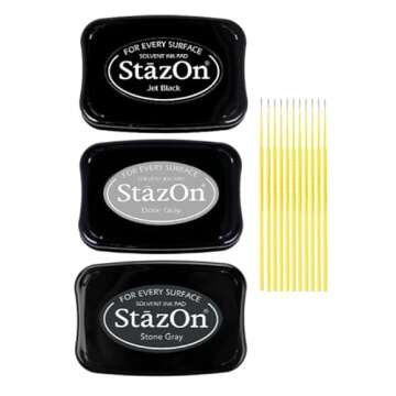 StazOn Multi-Surface Solvent Ink Pad Bundle - 3 Pk StazOn Solvent Ink Pads - Jet Black, Stone Gray, and Dove Gray - with Trebbies Detail Sticks
