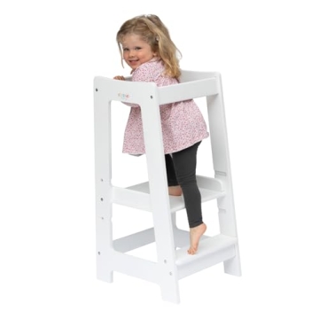 Adjustable Toddler Standing Stool for Kitchen & Bathroom | Wooden Step Stool with Safety Rails for C...
