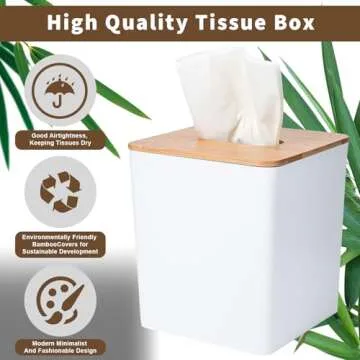 Tissue Box Cover Square,Tissue Box Holder with Bamboo Lid,Tissue Dryer Sheet Holder for Modern Farmhouse Boho Decor,1 Pack,(White)