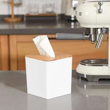 Tissue Box Cover Square,Tissue Box Holder with Bamboo Lid,Tissue Dryer Sheet Holder for Modern Farmhouse Boho Decor,1 Pack,(White)