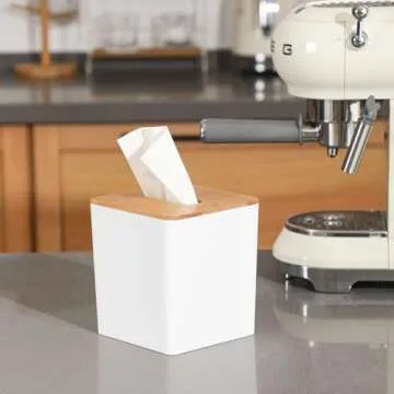 Tissue Box Cover Square,Tissue Box Holder with Bamboo Lid,Tissue Dryer Sheet Holder for Modern Farmhouse Boho Decor,1 Pack,(White)