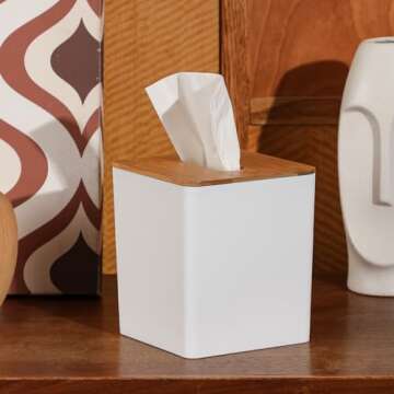 Tissue Box Cover Square,Tissue Box Holder with Bamboo Lid,Tissue Dryer Sheet Holder for Modern Farmhouse Boho Decor,1 Pack,(White)