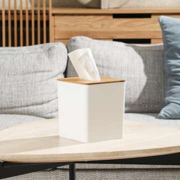 Tissue Box Cover Square,Tissue Box Holder with Bamboo Lid,Tissue Dryer Sheet Holder for Modern Farmhouse Boho Decor,1 Pack,(White)