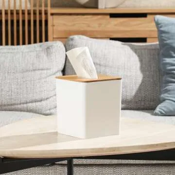 Tissue Box Cover Square,Tissue Box Holder with Bamboo Lid,Tissue Dryer Sheet Holder for Modern Farmhouse Boho Decor,1 Pack,(White)