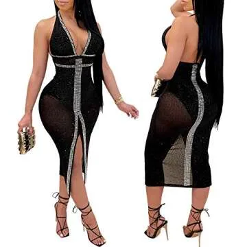 PORRCEY Women Sexy Hot Drilling Process Sexy Dress Party Club Night Dress (3732, Black,S)