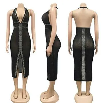 PORRCEY Women Sexy Hot Drilling Process Sexy Dress Party Club Night Dress (3732, Black,S)