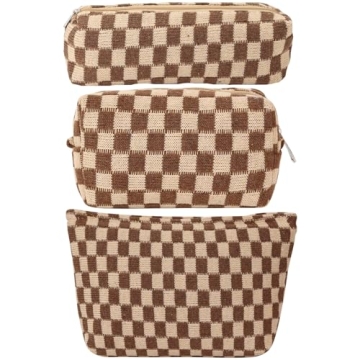 LYDZTION Large Capacity Makeup Bag Set - 3 Pieces Checkered Cosmetic Bag for Women Travel Makeup Bag...