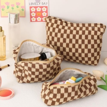 LYDZTION Checkered Makeup Bag Set - 3 Stylish Organizers