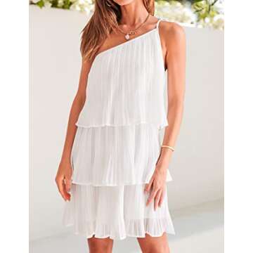 ZESICA Women's Boho Summer One Shoulder Sleeveless Ruffle Tiered Layered Chiffon Pleated A Line Flowy Mini Dress,Ivory,Medium