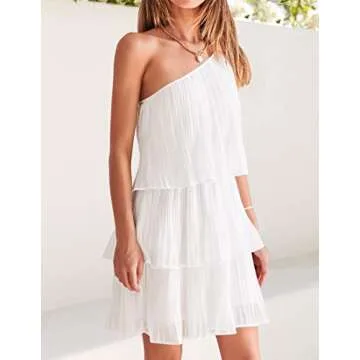 ZESICA Women's Boho Summer One Shoulder Sleeveless Ruffle Tiered Layered Chiffon Pleated A Line Flowy Mini Dress,Ivory,Medium